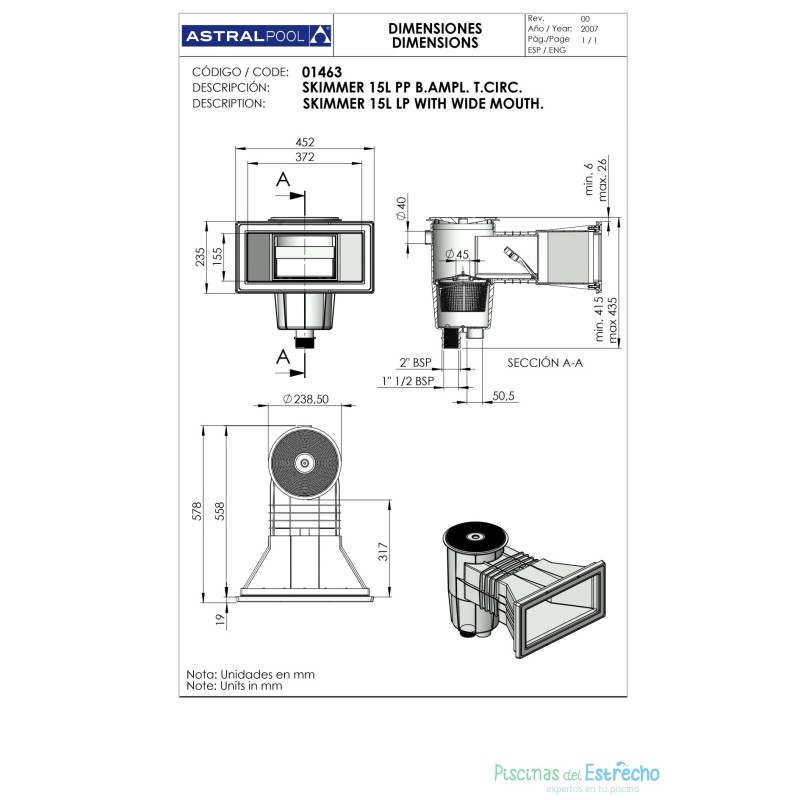 Skimmer boca ampliacion tapa redonda Astralpool para piscina liner